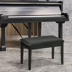 Banquette tabouret siège pour piano avec coffre de rangement pied bois hévéa revêtement synthétique noir