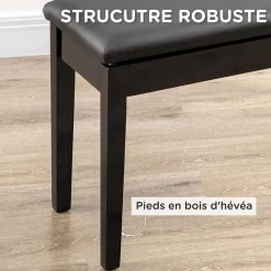 Banquette tabouret siège pour piano avec coffre de rangement pied bois hévéa revêtement synthétique noir