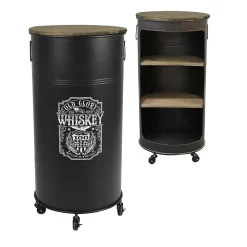 Bar bidon ouvert avec roulettes style industriel collection OLD GLORY. Diamètre 50cm, hauteur 100cm