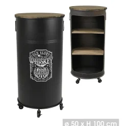 Bar bidon ouvert avec roulettes style industriel collection OLD GLORY. Diamètre 50cm, hauteur 100cm