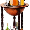 Bar Globe Terrestre avec 3 Roues Porte Bouteilles en Bois Mini Bar Roulant 4 Compartiments Bon Cadeau