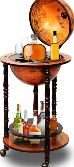 Bar Globe Terrestre avec 3 Roues Porte Bouteilles en Bois Mini Bar Roulant 4 Compartiments Bon Cadeau