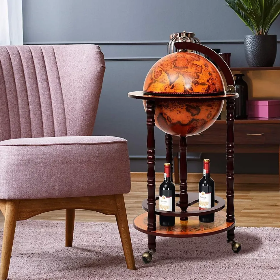 Bar Globe Terrestre avec 3 Roues Porte Bouteilles en Bois Mini Bar Roulant 4 Compartiments Bon Cadeau