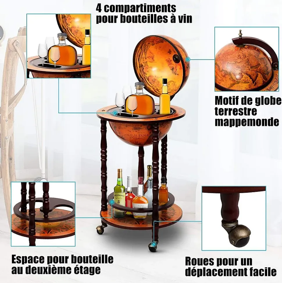 Bar Globe Terrestre avec 3 Roues Porte Bouteilles en Bois Mini Bar Roulant 4 Compartiments Bon Cadeau