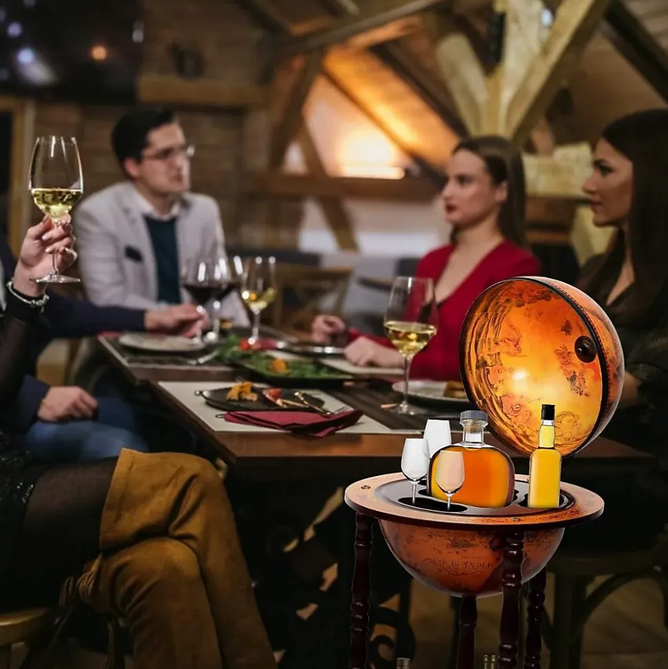 Bar Globe Terrestre avec 3 Roues Porte Bouteilles en Bois Mini Bar Roulant 4 Compartiments Bon Cadeau
