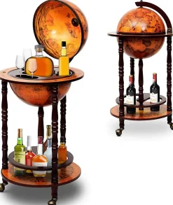 Bar Globe Terrestre avec 3 Roues Porte Bouteilles en Bois Mini Bar Roulant 4 Compartiments Bon Cadeau