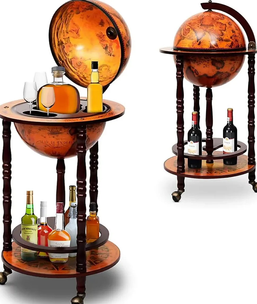 Bar Globe Terrestre avec 3 Roues Porte Bouteilles en Bois Mini Bar Roulant 4 Compartiments Bon Cadeau
