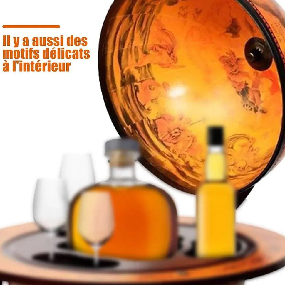 Bar Globe Terrestre avec 3 Roues Porte Bouteilles en Bois Mini Bar Roulant 4 Compartiments Bon Cadeau