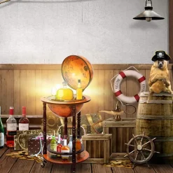 Bar Globe Terrestre avec 3 Roues Porte Bouteilles en Bois Mini Bar Roulant 4 Compartiments Bon Cadeau