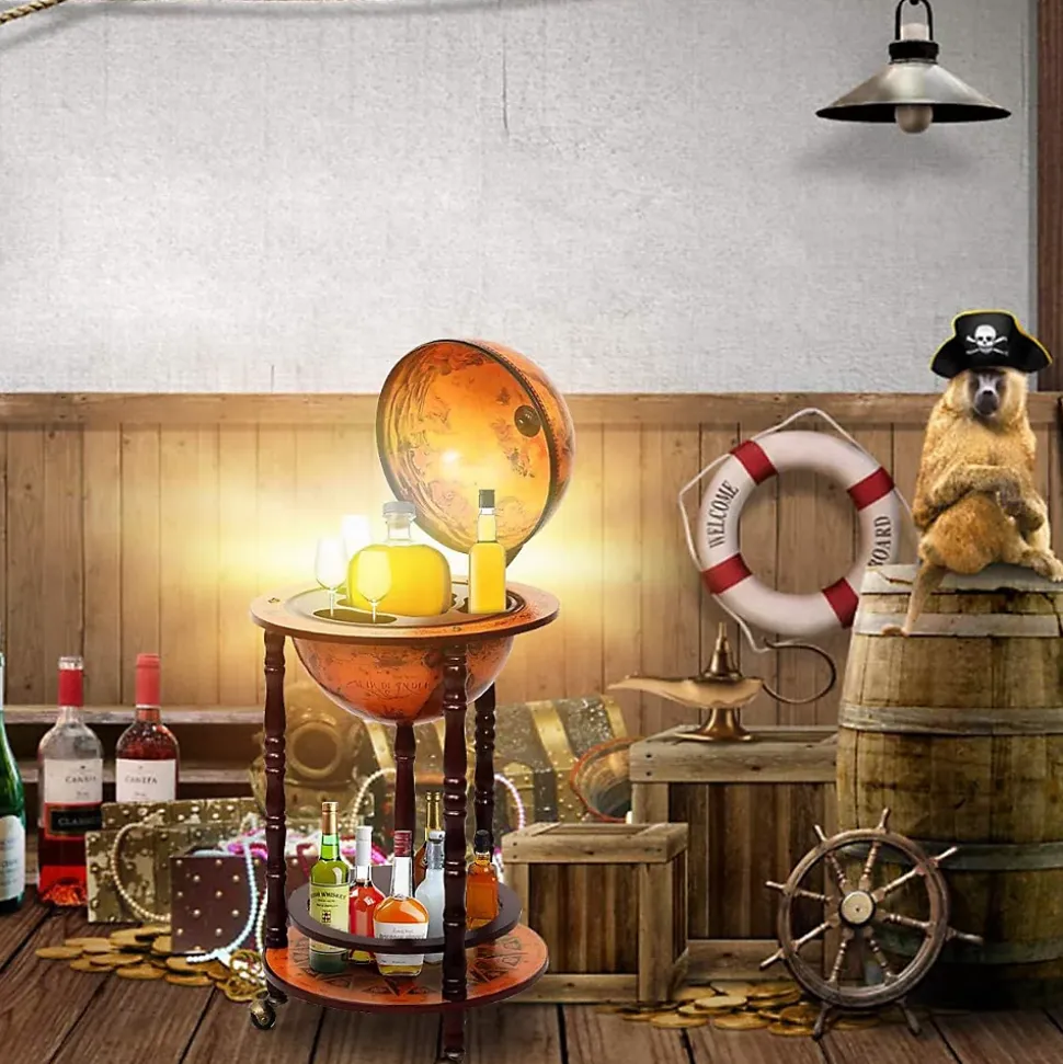 Bar Globe Terrestre avec 3 Roues Porte Bouteilles en Bois Mini Bar Roulant 4 Compartiments Bon Cadeau