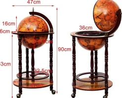 Bar Globe Terrestre avec 3 Roues Porte Bouteilles en Bois Mini Bar Roulant 4 Compartiments Bon Cadeau Cafe