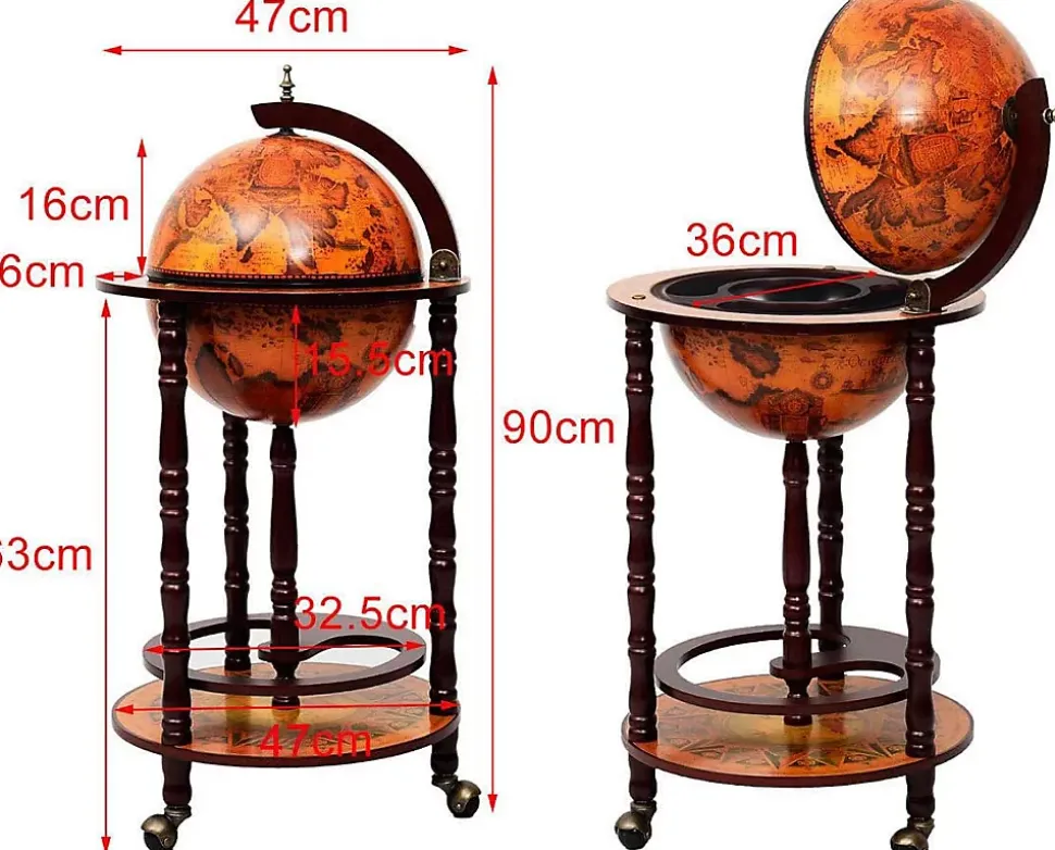Bar Globe Terrestre avec 3 Roues Porte Bouteilles en Bois Mini Bar Roulant 4 Compartiments Bon Cadeau Cafe
