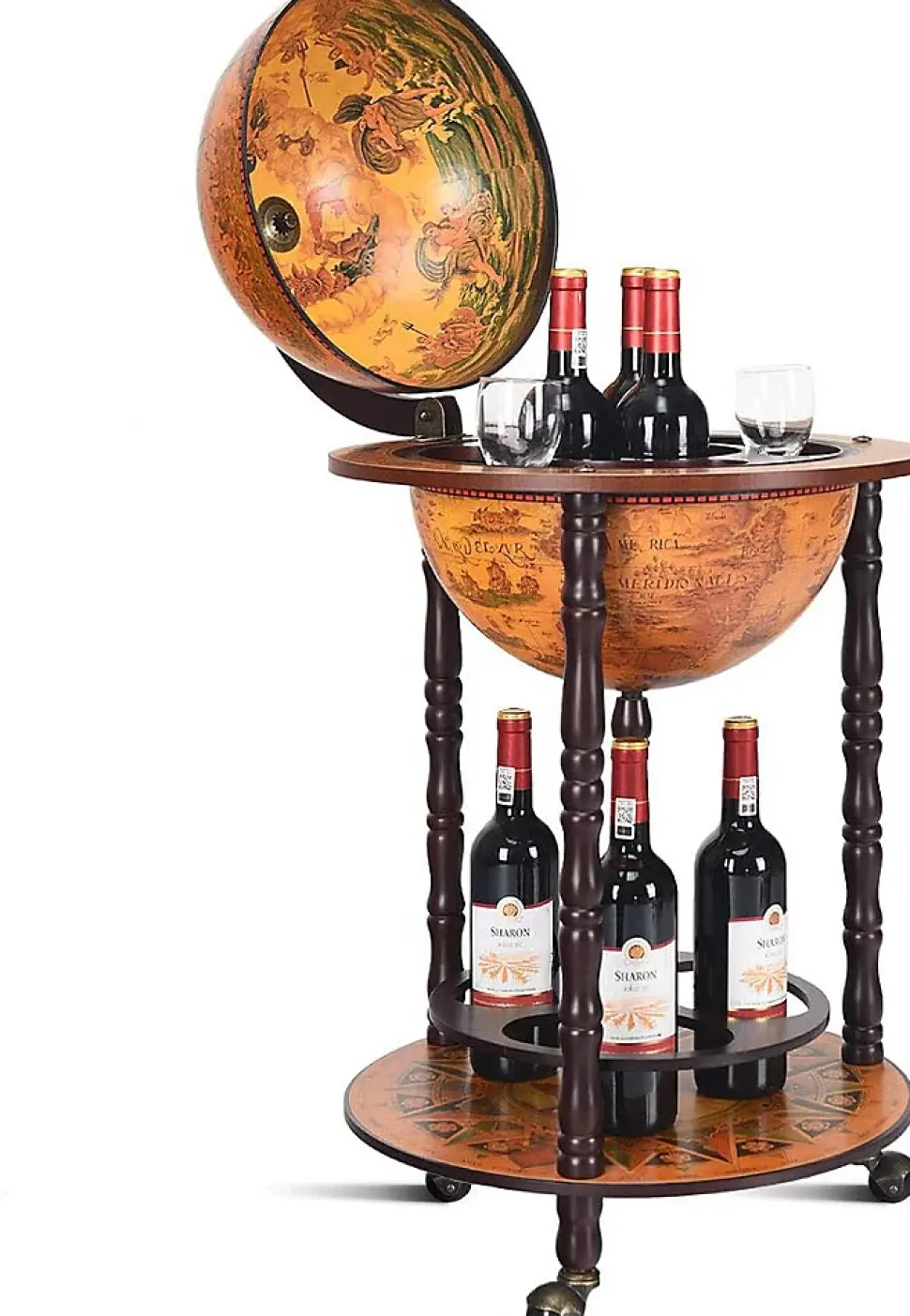 Bar Globe Terrestre avec 3 Roues Porte Bouteilles en Bois Mini Bar Roulant 4 Compartiments Bon Cadeau Cafe