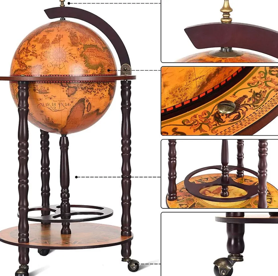Bar Globe Terrestre avec 3 Roues Porte Bouteilles en Bois Mini Bar Roulant 4 Compartiments Bon Cadeau Cafe