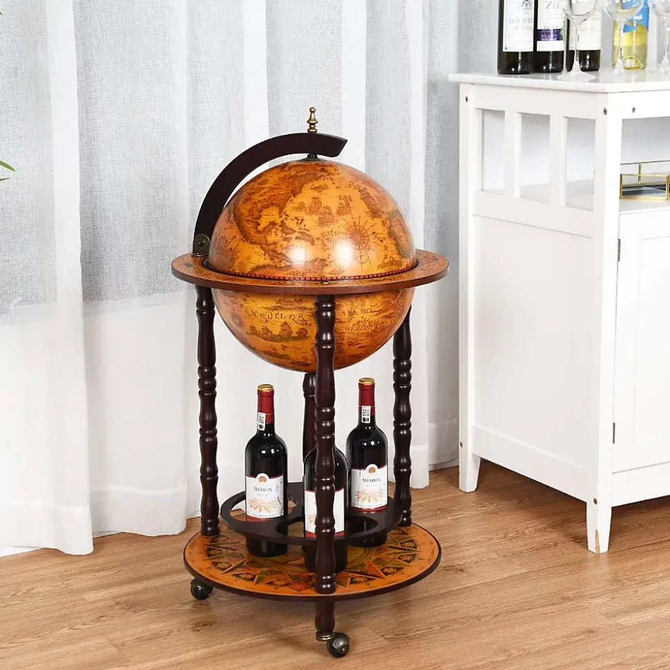 Bar Globe Terrestre avec 3 Roues Porte Bouteilles en Bois Mini Bar Roulant 4 Compartiments Bon Cadeau Cafe