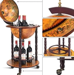 Bar Globe Terrestre avec 3 Roues Porte Bouteilles en Bois Mini Bar Roulant 4 Compartiments Bon Cadeau Cafe