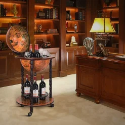 Bar Globe Terrestre avec 3 Roues Porte Bouteilles en Bois Mini Bar Roulant 4 Compartiments Bon Cadeau Cafe
