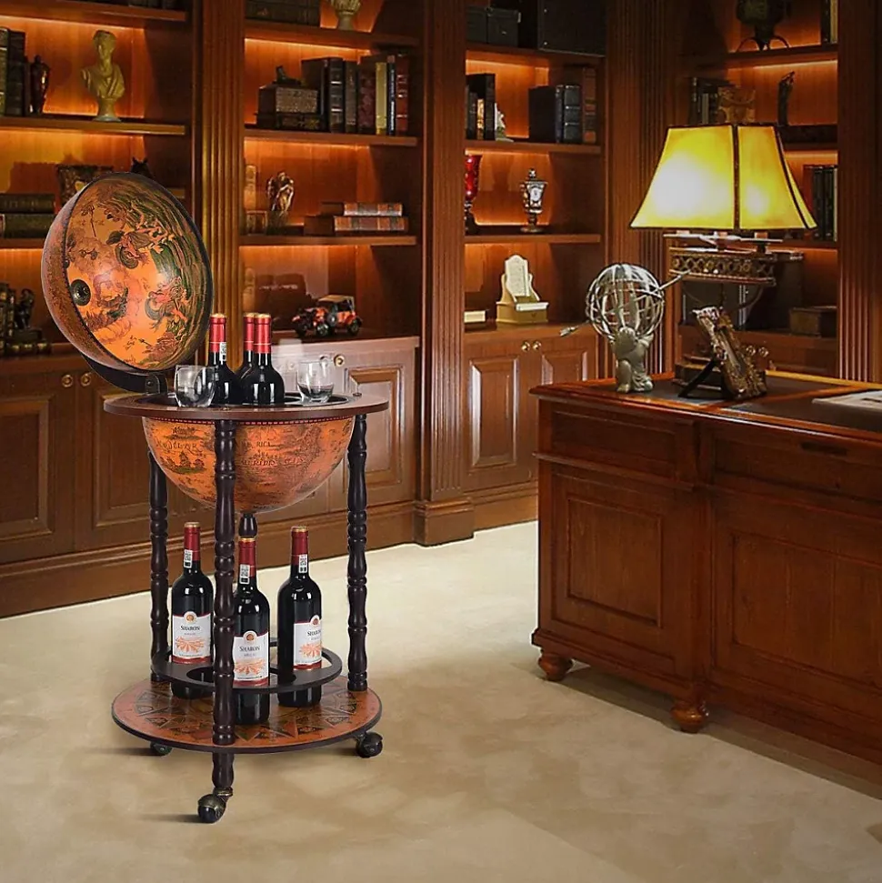Bar Globe Terrestre avec 3 Roues Porte Bouteilles en Bois Mini Bar Roulant 4 Compartiments Bon Cadeau Cafe