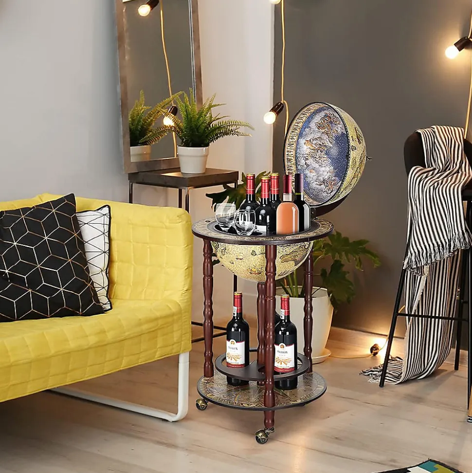 Bar Globe Terrestre Mappemonde en Bois Eucalyptus Support de Vin sous Forme de Globe Bois Monte sur Roues Style Ancient