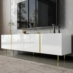 Best Mobilier ,Meuble TV Celeste Rectangulaire en Bois Blanc Laqué avec Rangements 4 Portes, Salon