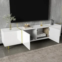Best Mobilier ,Meuble TV Celeste Rectangulaire en Bois Blanc Laqué avec Rangements 4 Portes, Salon