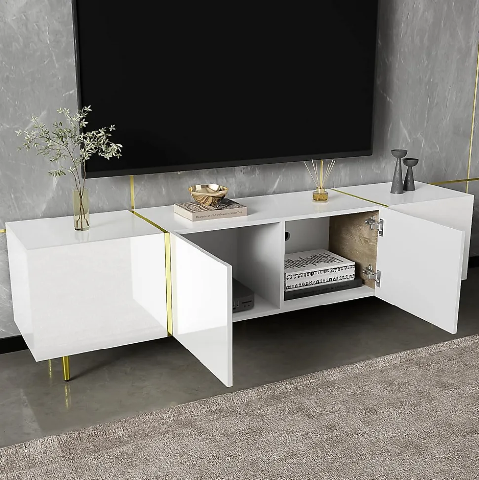 Best Mobilier ,Meuble TV Celeste Rectangulaire en Bois Blanc Laqué avec Rangements 4 Portes, Salon