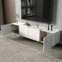 Best Mobilier ,Meuble TV Celeste Rectangulaire en Bois Blanc Laqué avec Rangements 4 Portes, Salon
