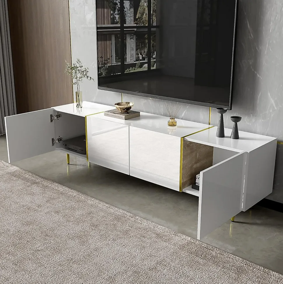 Best Mobilier ,Meuble TV Celeste Rectangulaire en Bois Blanc Laqué avec Rangements 4 Portes, Salon