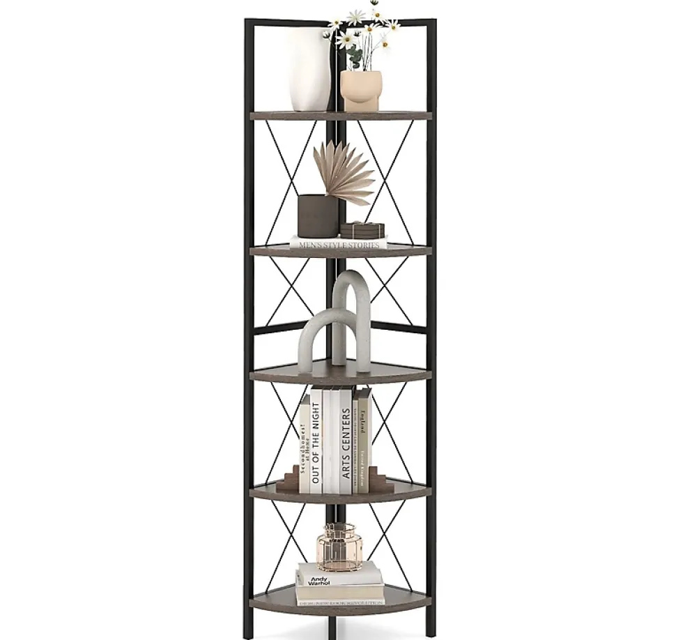 Biblioque Étagère Angle à 5 Niveaux Etagère de Rangement 160cm Cadre en Métal Kits Anti basculement Gris