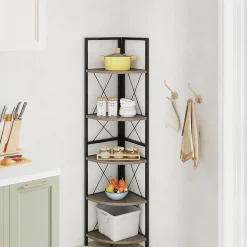 Biblioque Étagère Angle à 5 Niveaux Etagère de Rangement 160cm Cadre en Métal Kits Anti basculement Gris