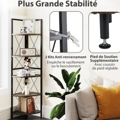 Biblioque Étagère Angle à 5 Niveaux Etagère de Rangement 160cm Cadre en Métal Kits Anti basculement Gris