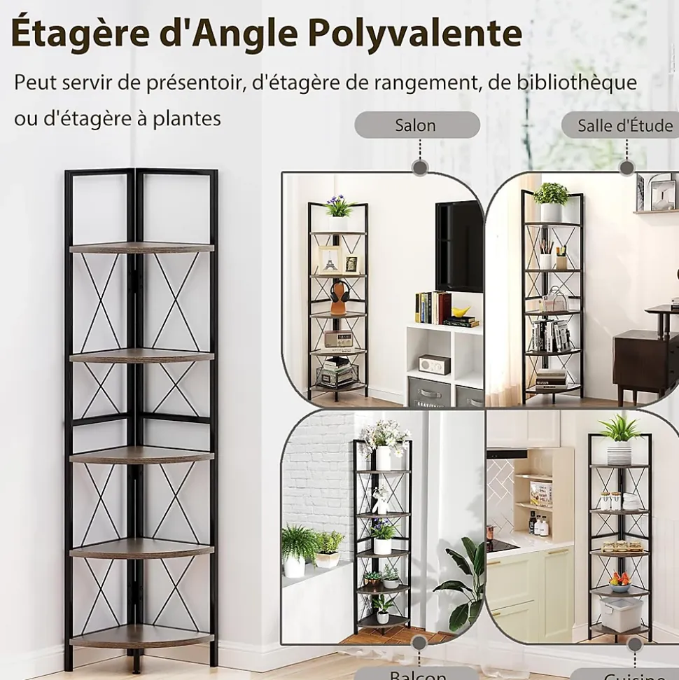 Biblioque Étagère Angle à 5 Niveaux Etagère de Rangement 160cm Cadre en Métal Kits Anti basculement Gris