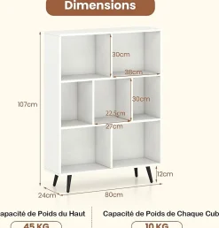 Bibliotheque à 3 Niveaux, avec 7 Compartiments, 4 Pieds Métalliques Inclinés, Dispositif Anti-basculement, 80x24x107CM