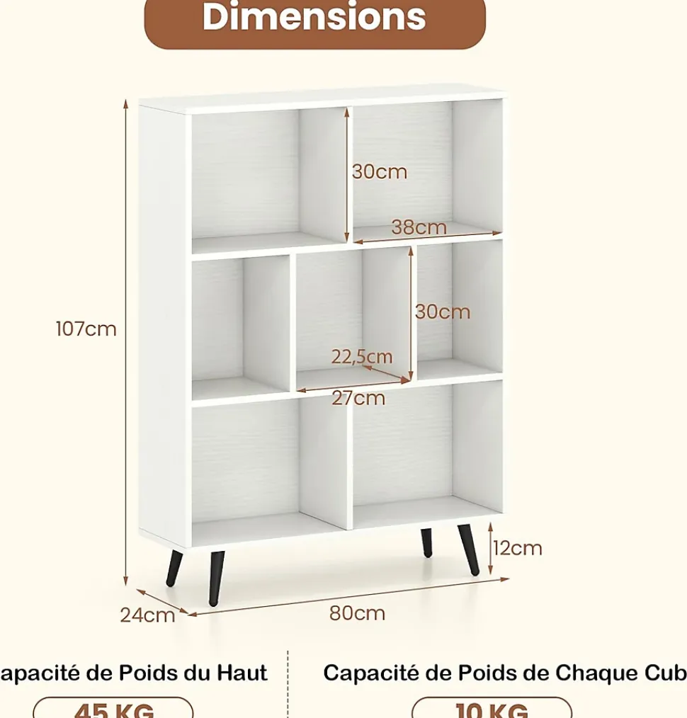 Bibliotheque à 3 Niveaux, avec 7 Compartiments, 4 Pieds Métalliques Inclinés, Dispositif Anti-basculement, 80x24x107CM