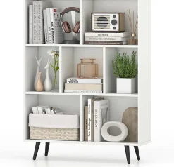 Bibliotheque à 3 Niveaux, avec 7 Compartiments, 4 Pieds Métalliques Inclinés, Dispositif Anti-basculement, 80x24x107CM