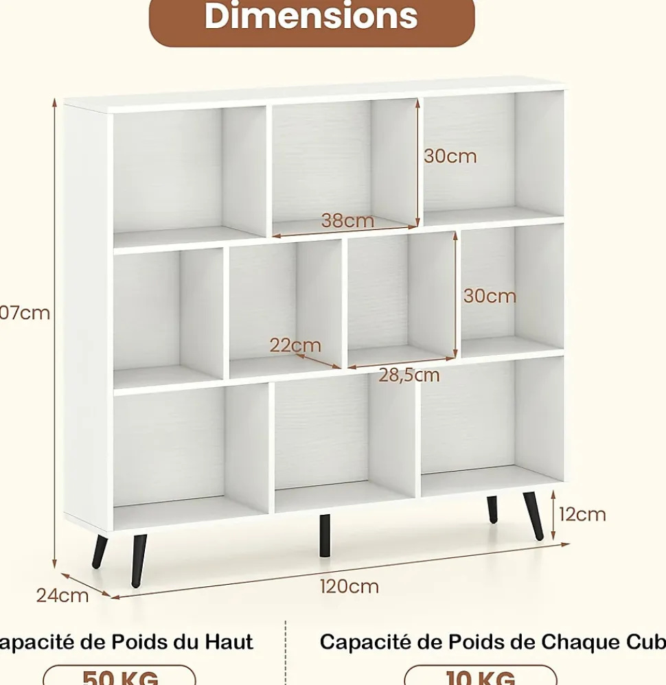 Bibliotheque à 3 Niveaux,avec 10 Compartiments,4 Pieds Métalliques Inclinés,Dispositif Anti-basculement,120x24x107CM