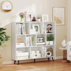 Bibliotheque à 3 Niveaux,avec 10 Compartiments,4 Pieds Métalliques Inclinés,Dispositif Anti-basculement,120x24x107CM
