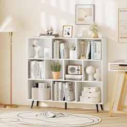 Bibliotheque à 3 Niveaux,avec 10 Compartiments,4 Pieds Métalliques Inclinés,Dispositif Anti-basculement,120x24x107CM