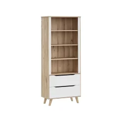 Bibliotheque - VANKKA - 4 étageres - 2 tiroirs - Chene / Blanc - 87,7 x 41,7 x 201,5 cm
