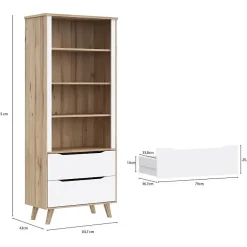 Bibliotheque - VANKKA - 4 étageres - 2 tiroirs - Chene / Blanc - 87,7 x 41,7 x 201,5 cm