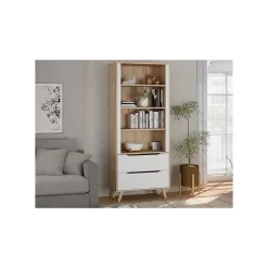 Bibliotheque - VANKKA - 4 étageres - 2 tiroirs - Chene / Blanc - 87,7 x 41,7 x 201,5 cm