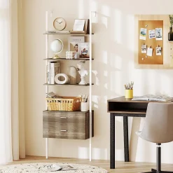 Bibliotheque avec 4 Niveaux d'Étagères Ouvertes en Bois, avec Cadre Métallique et 2 Tiroirs, Style Industrielle (Gris)