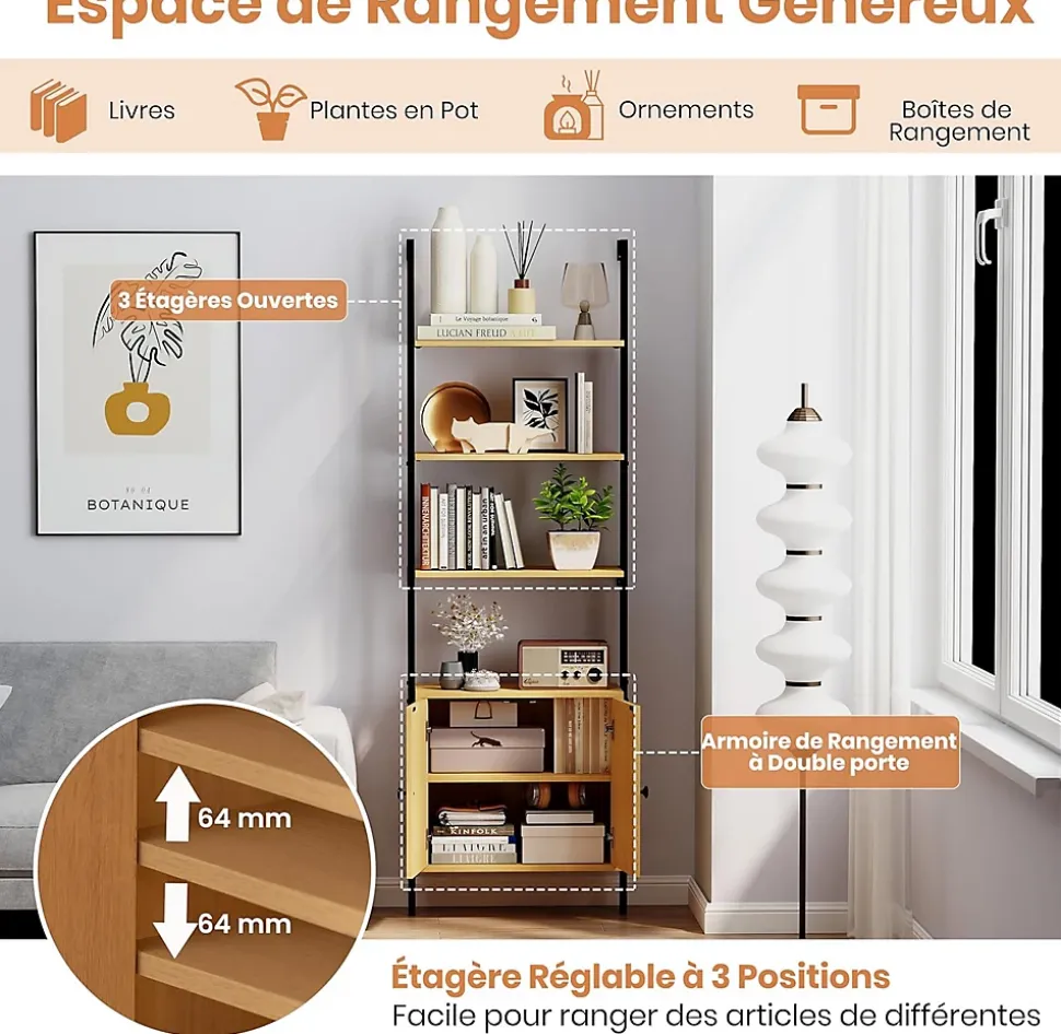 Bibliotheque avec 4 Niveaux d'Étagères Ouvertes en Bois,avec Cadre Métallique et Armoire 2 Niveaux, pour Salon, Chambre, Cuisine