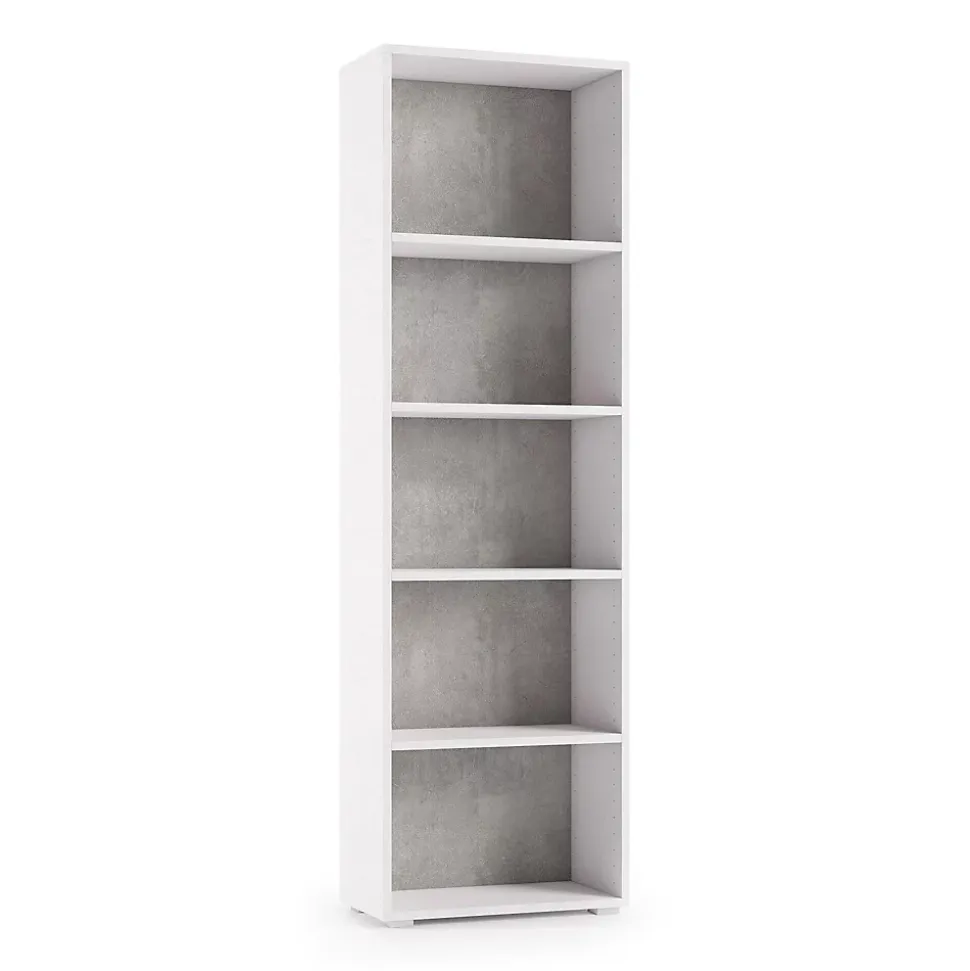 Bibliotheque Dedjoum, Bibliotheque avec 4 Etageres réglables, Etagere à livres, 60x30h195 cm, Blanc et Ciment