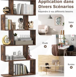 Bibliotheque, Etagere de Rangement en Forme S Style Industriel Meuble de Rangement Polyvalent en Bois-5 Etageres,Marron