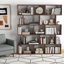 Bibliotheque, Etagere de Rangement en Forme S Style Industriel Meuble de Rangement Polyvalent en Bois-5 Etageres,Marron