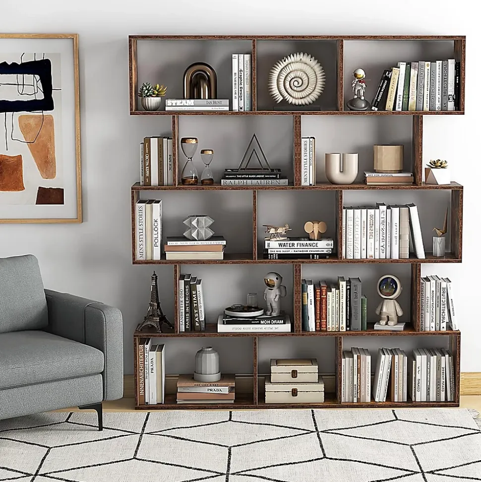 Bibliotheque, Etagere de Rangement en Forme S Style Industriel Meuble de Rangement Polyvalent en Bois-5 Etageres,Marron