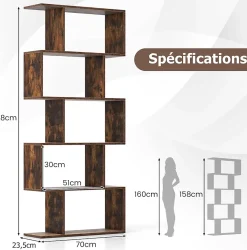 Bibliotheque, Etagere de Rangement en Forme S Style Industriel Meuble de Rangement Polyvalent en Bois-5 Etageres,Marron