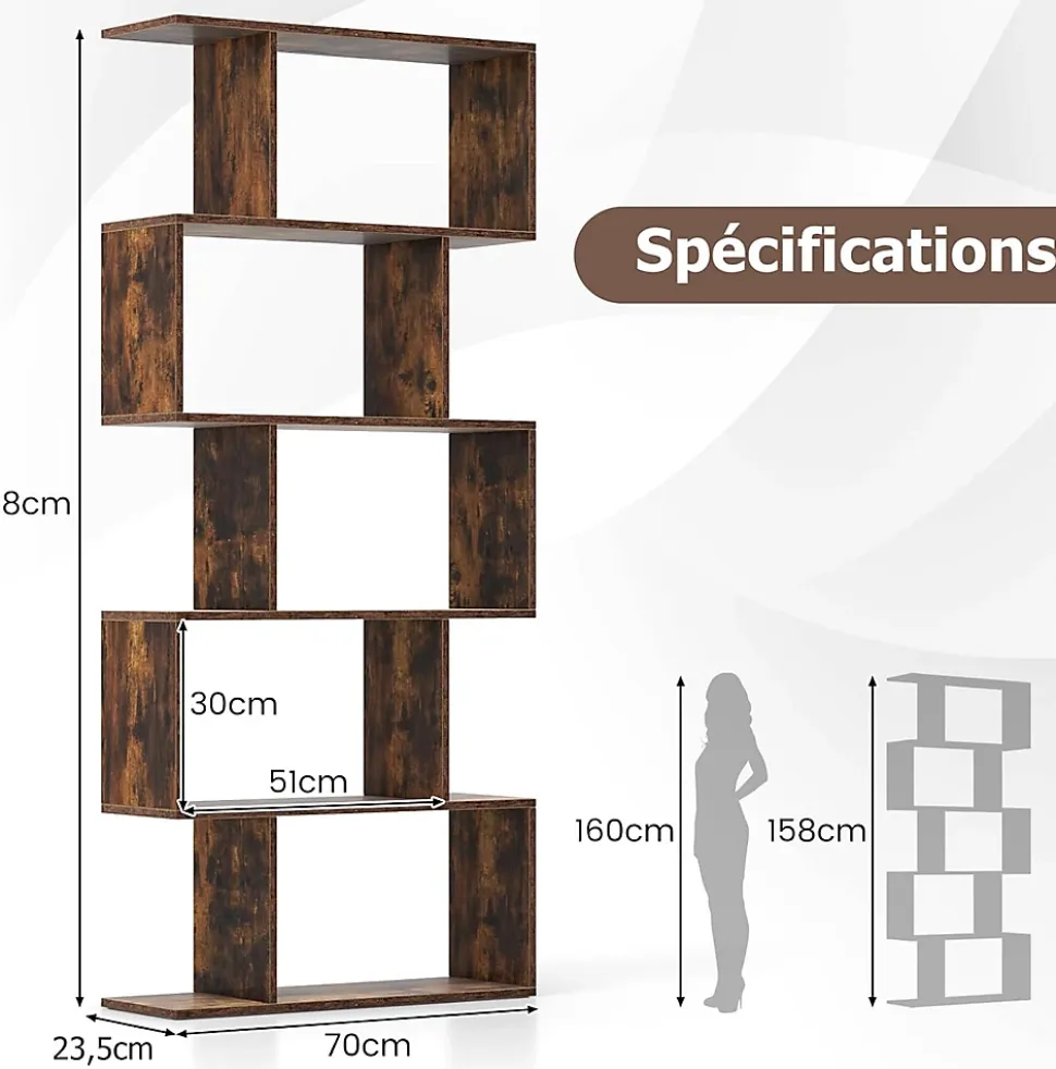 Bibliotheque, Etagere de Rangement en Forme S Style Industriel Meuble de Rangement Polyvalent en Bois-5 Etageres,Marron