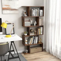 Bibliotheque, Etagere de Rangement en Forme S Style Industriel Meuble de Rangement Polyvalent en Bois-5 Etageres,Marron